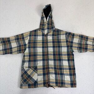 Grunge Distressed Plaid Hooded Zip Jacket Lined Burn Hole Hem Small Vintage